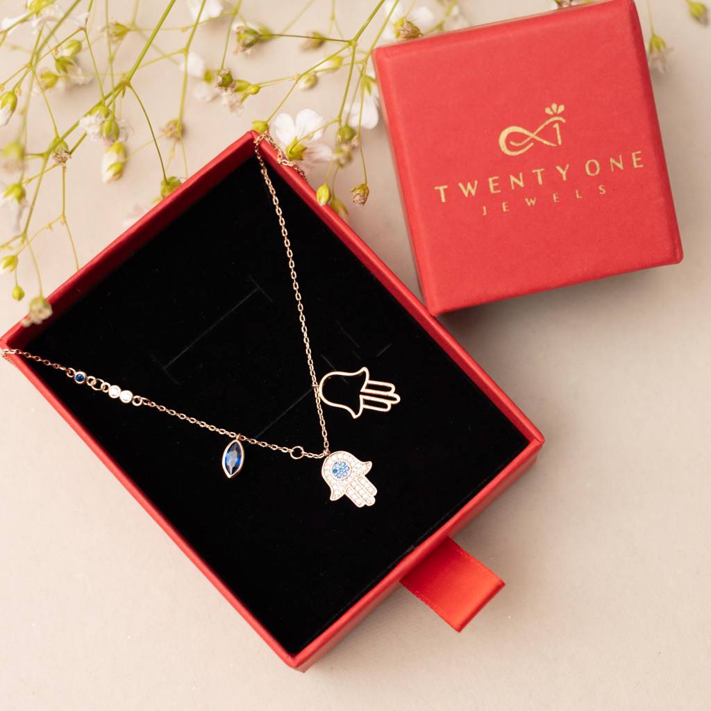 Diamond Studded Rose Gold Ruso Double Hamza Pendant With Chain On Pure 925 Silver. : TP5408