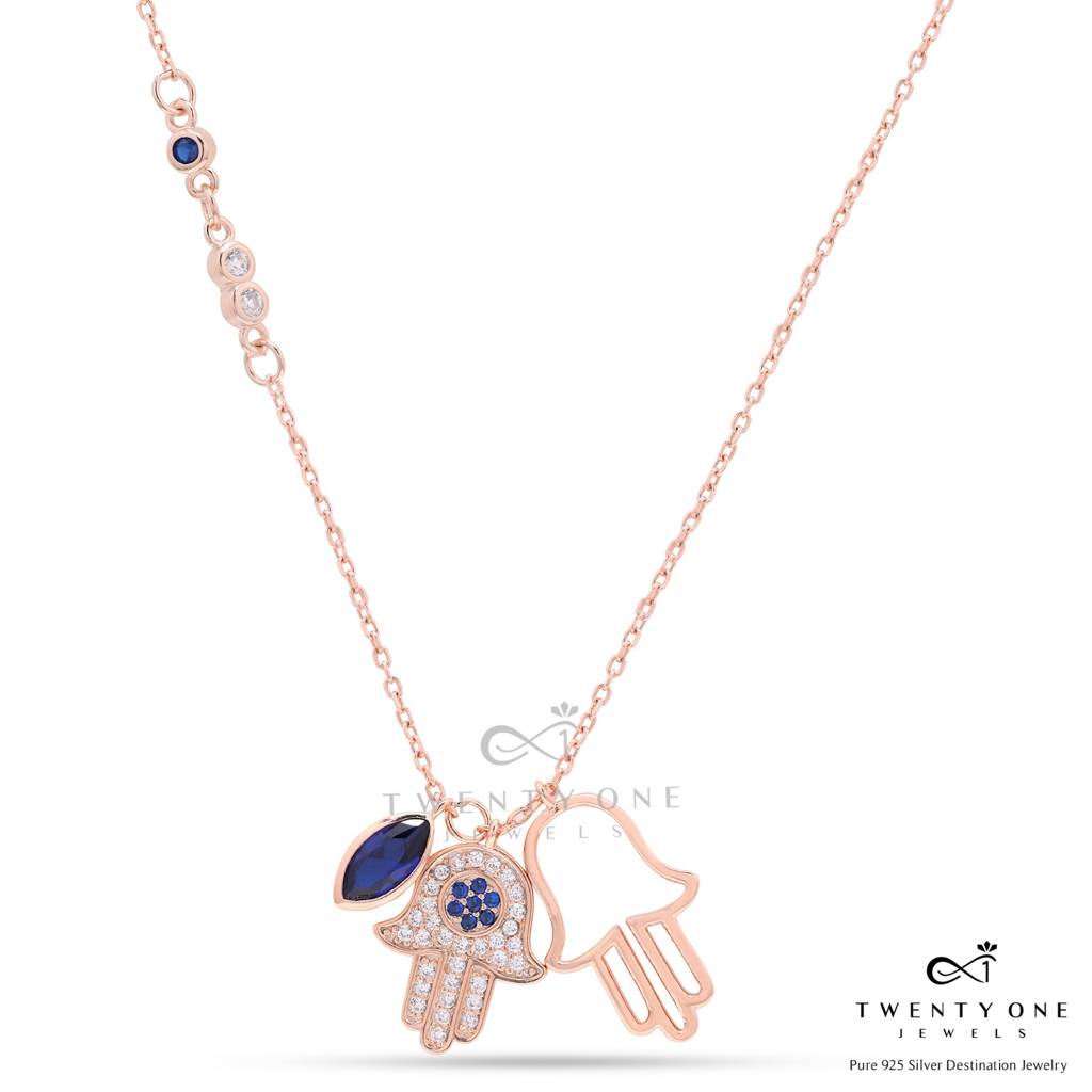 Diamond Studded Rose Gold Ruso Double Hamza Pendant With Chain On Pure 925 Silver. : TP5408