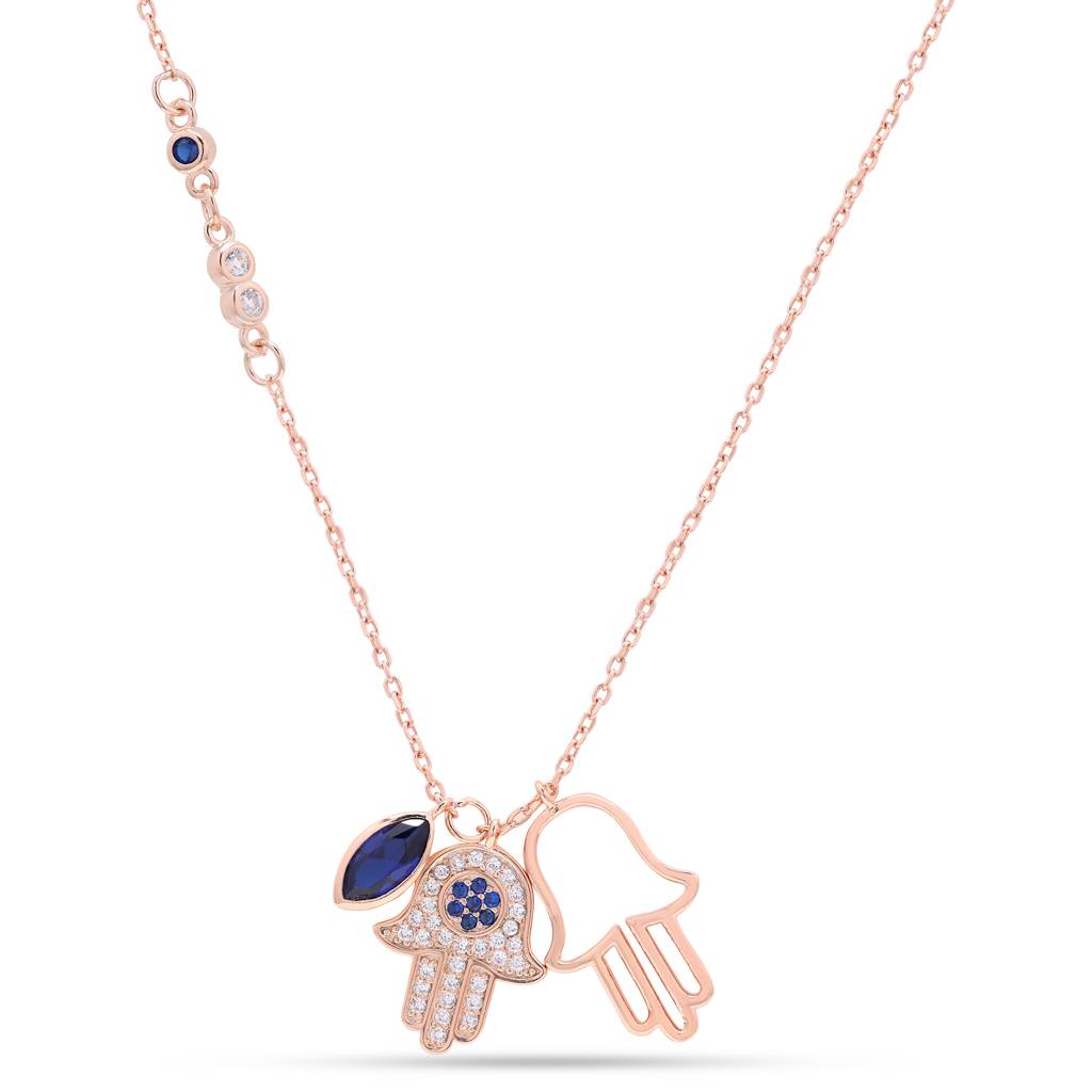 Diamond Studded Rose Gold Ruso Double Hamza Pendant With Chain On Pure 925 Silver. : TP5408