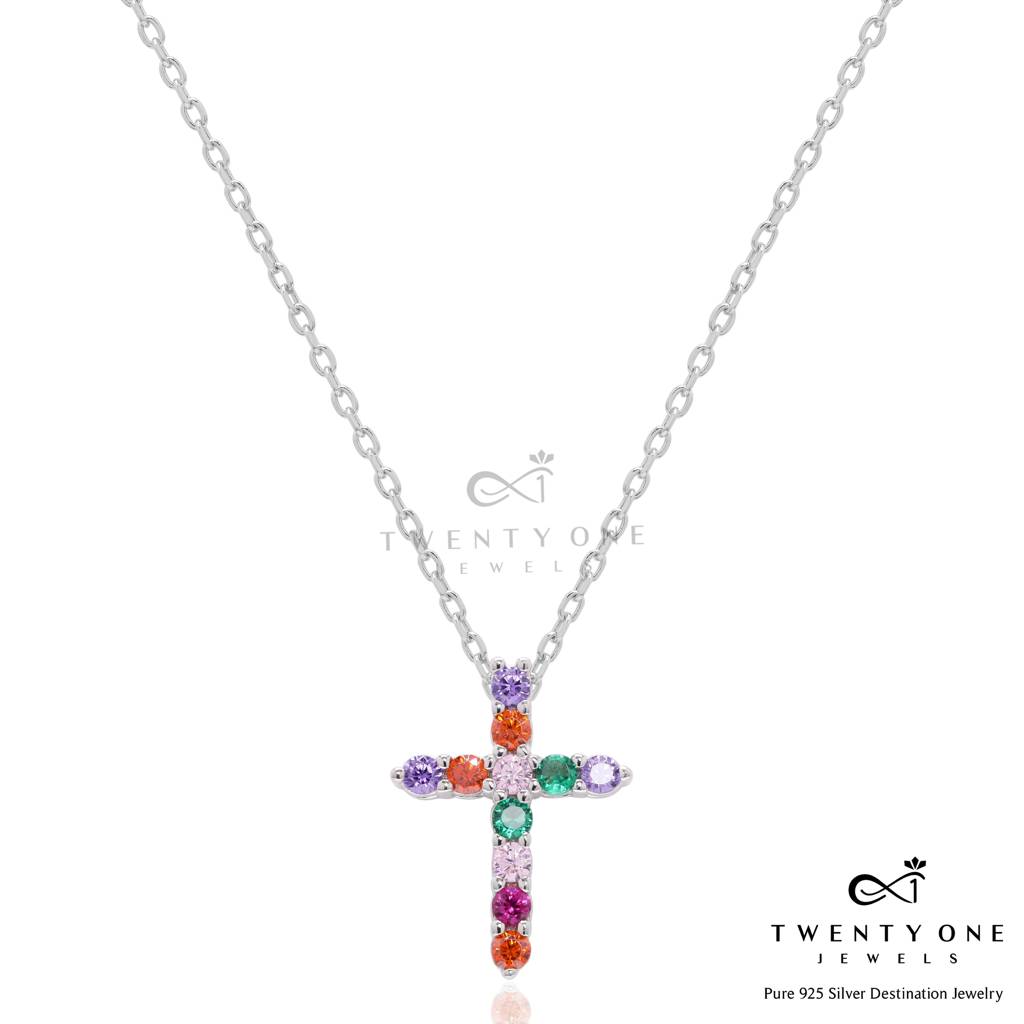 Multi Coloured Rainbow Diamond Cross Pendant With Chain On Pure 925 Silver : TP5436