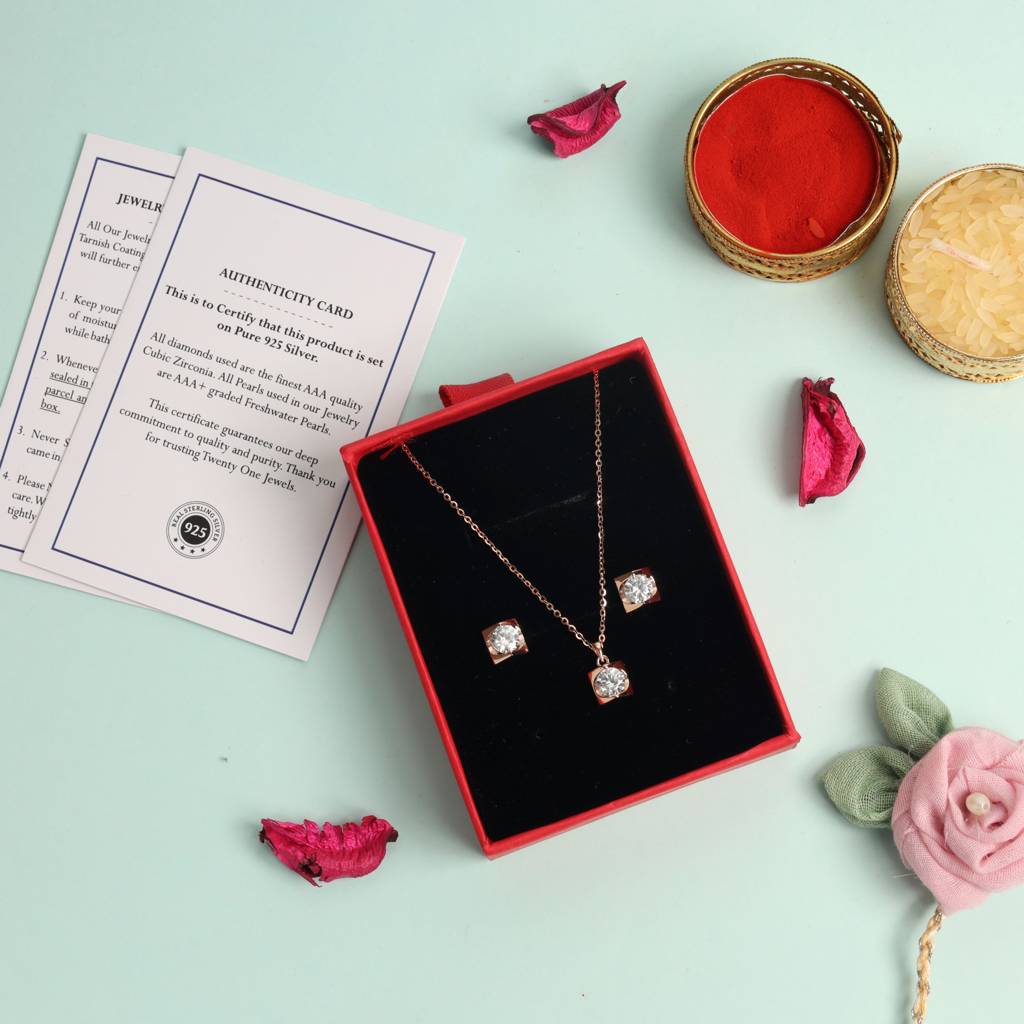 Rose Gold Solitaire Vanity Pendant Set On Pure 925 Silver : TPS5145