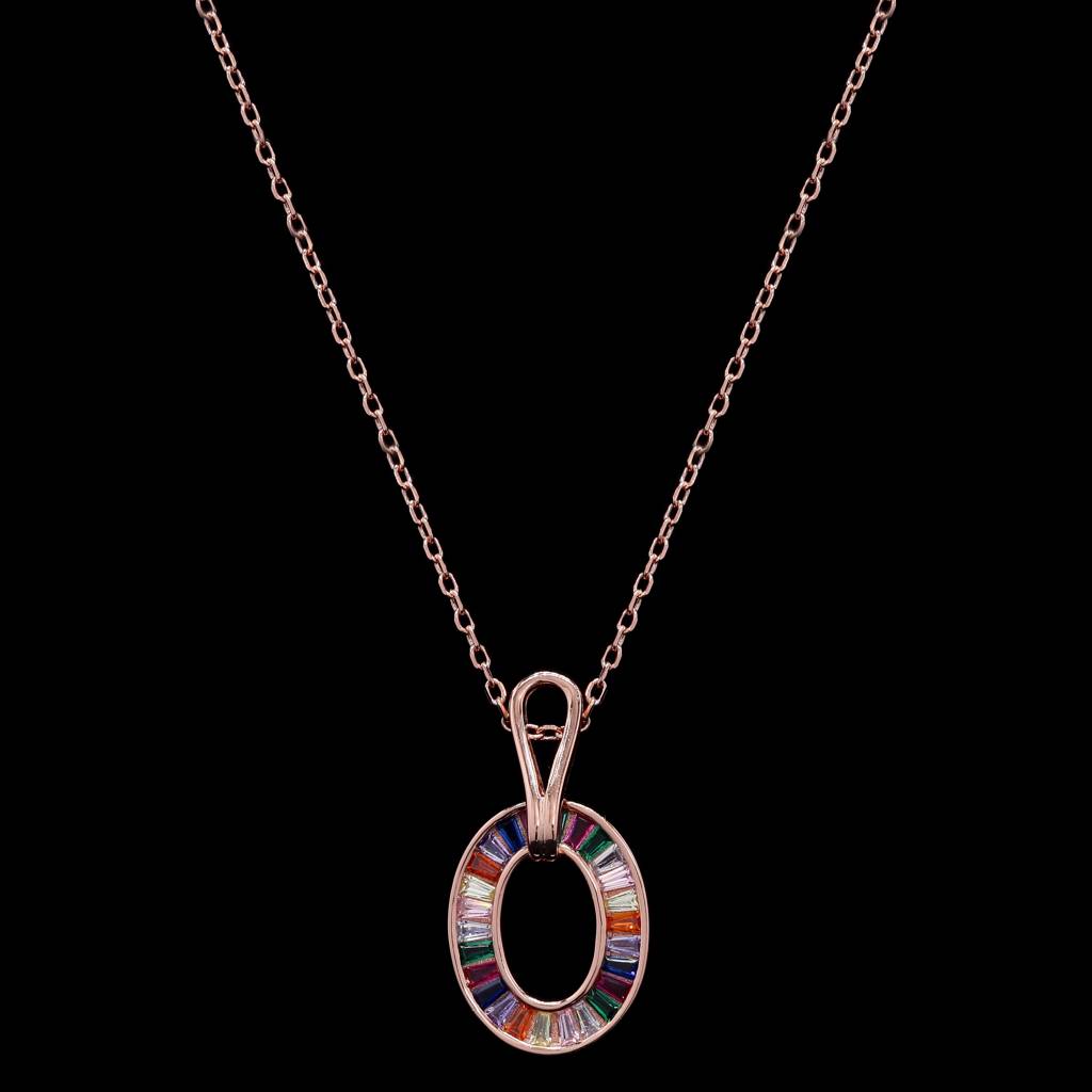 Premium Rose Gold Finish Oval Rainbow Pendant Set On Pure 925 Silver : TPS5440