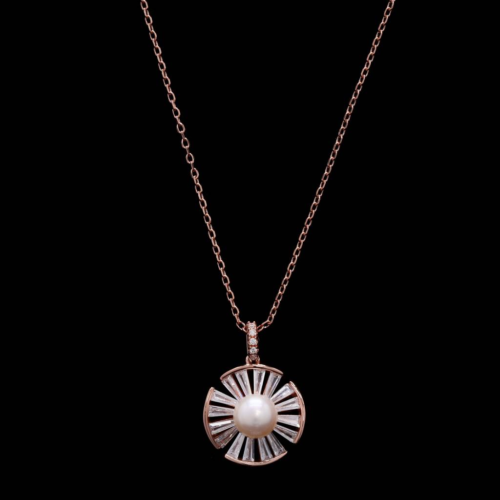 Premium Taper Diamond And Fresh Water Pearl Rose Gold Finish Pendant Set On Pure 925 Silver : TPS5441
