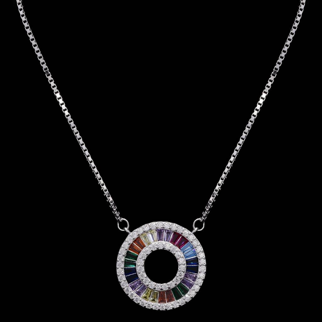 Premium White Gold Finish Round Rainbow Pendant Set On Pure 925 Silver : TPS5442