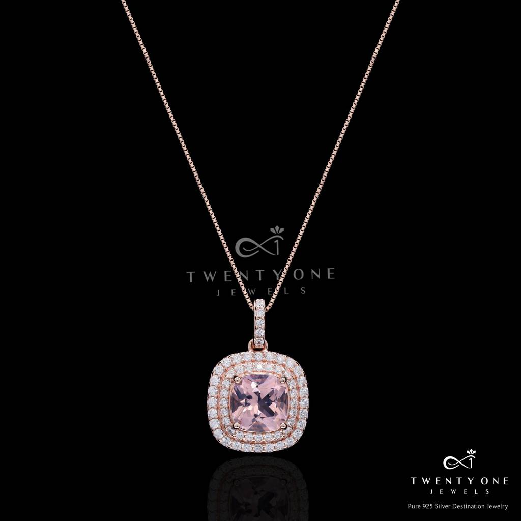 Ultra Premium Hydro Pink Cushion Cut Morganite Double Layered Elizir Pendant Set On Pure 925 Silver : TPS5445