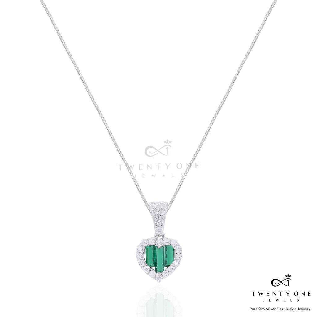 Green Emerald Baguette American Diamond Heart Pendant Set On Pure 925 Silver : TPS5448