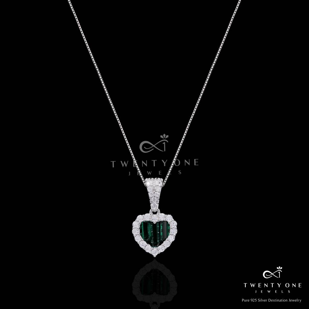 Green Emerald Baguette American Diamond Heart Pendant Set On Pure 925 Silver : TPS5448