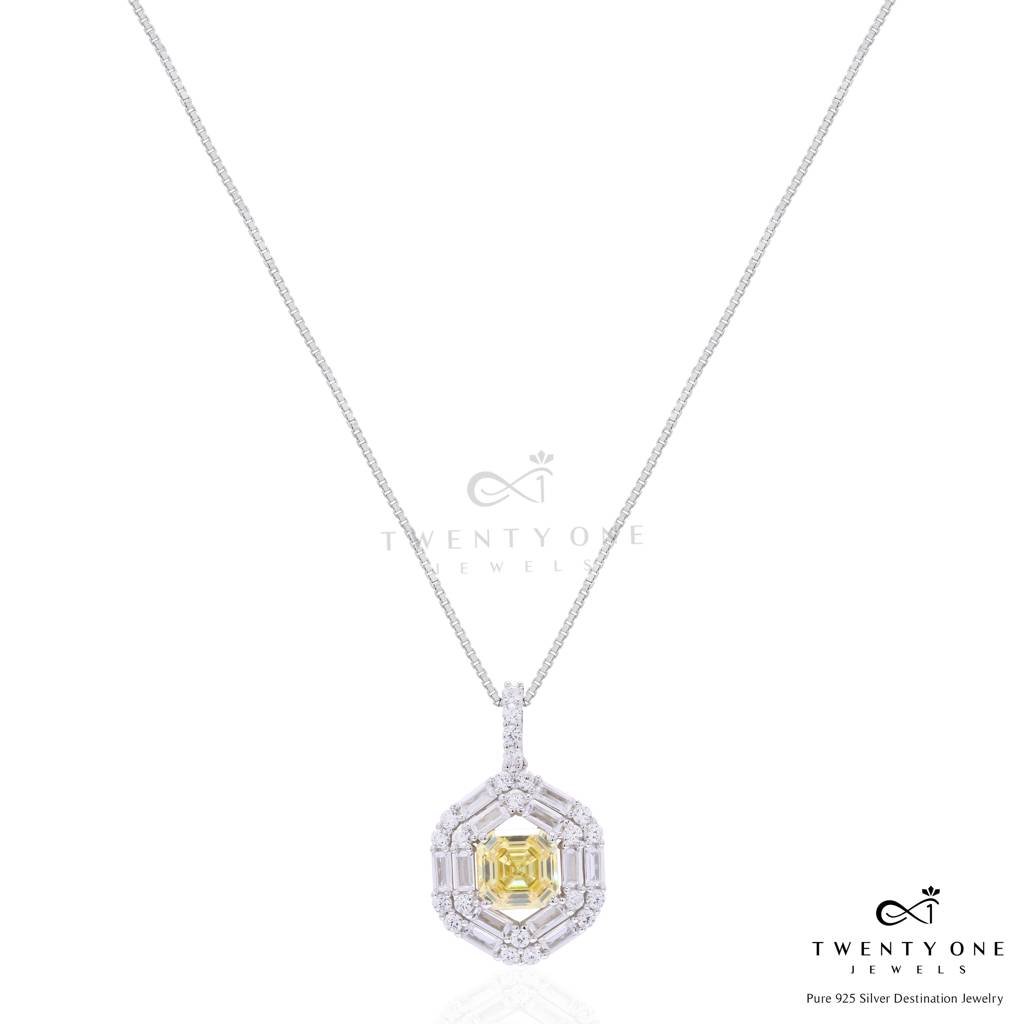 Ultra Premium Yellow Radiant Cut Solitaire Diamond Pendant Set On Pure 925 Silver : TPS5455