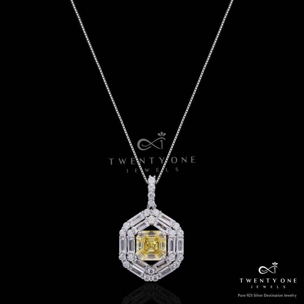 Ultra Premium Yellow Radiant Cut Solitaire Diamond Pendant Set On Pure 925 Silver : TPS5455