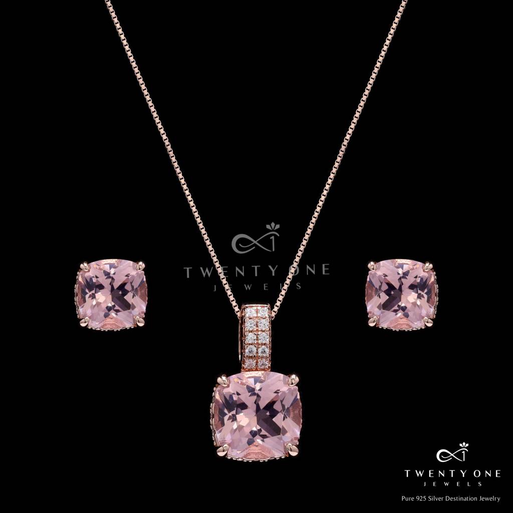 Ultra Premium Ice Cut Pink Cushion Solitaire Panache Pendant Set On Pure 925 Silver : TPS5456