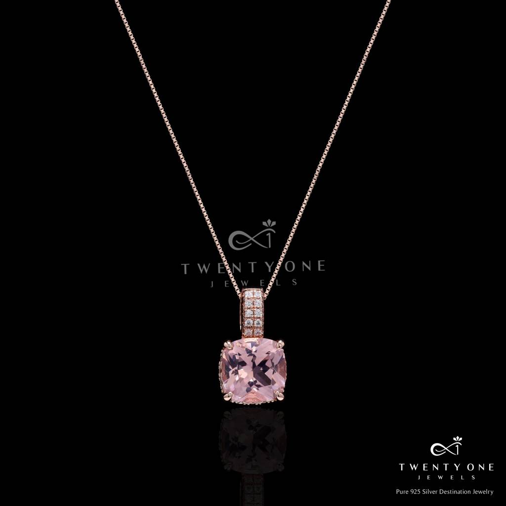 Ultra Premium Ice Cut Pink Cushion Solitaire Panache Pendant Set On Pure 925 Silver : TPS5456