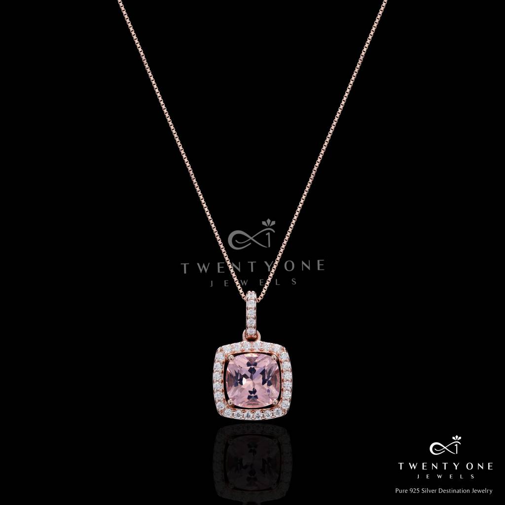 Premium Pink Diamond Cushion Cut Solitaire Pendant Set On Pure 925 Silver : TPS5459