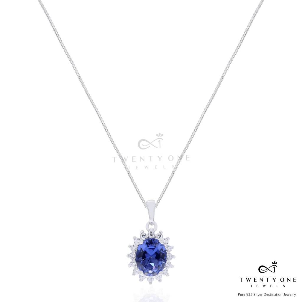 Ultra Premium Deep Blue Oval Solitaire Duran Pendant Set On Pure 925 Silver : TPS5460