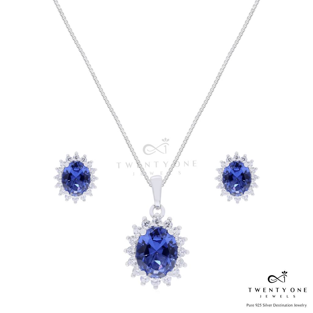Ultra Premium Deep Blue Oval Solitaire Duran Pendant Set On Pure 925 Silver : TPS5460