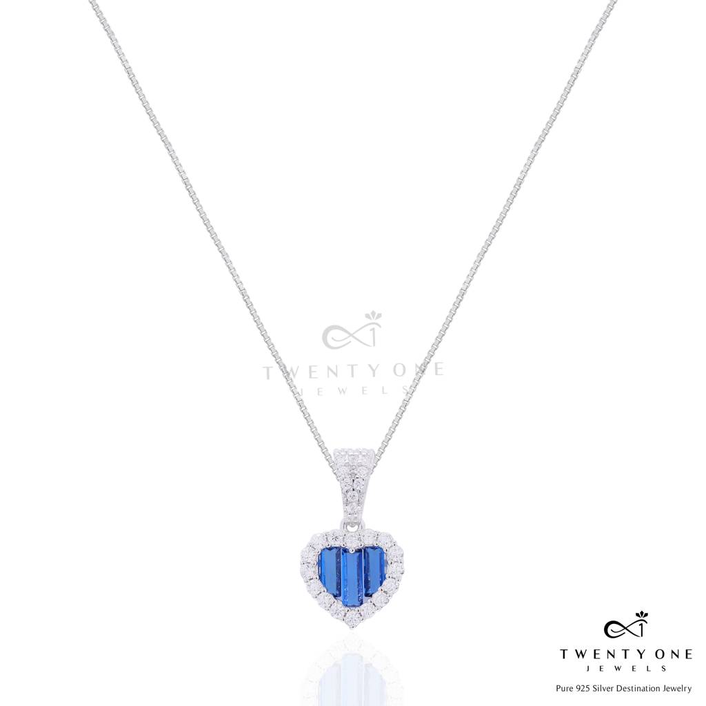 Premium Blue Sapphire Baguette Alina Heart Pendant Set On Pure 925 Silver : TPS5463