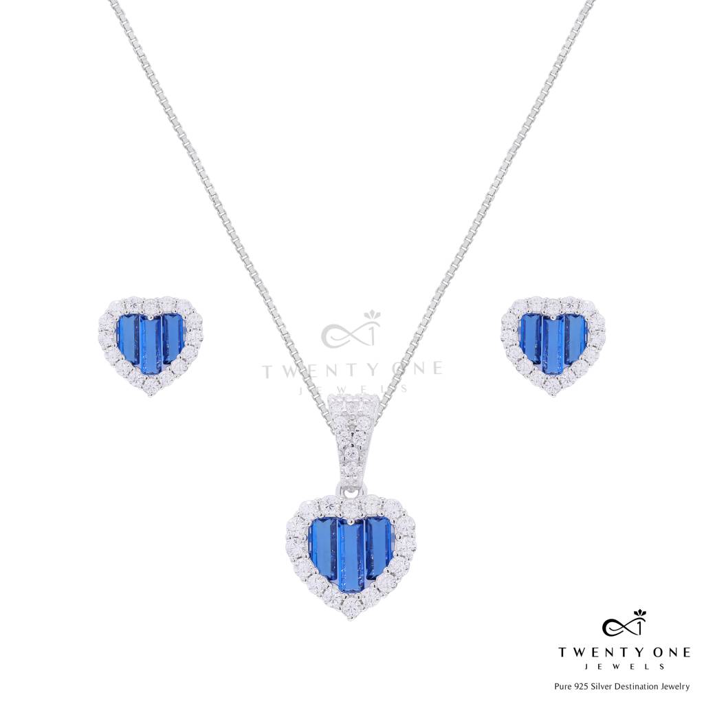Premium Blue Sapphire Baguette Alina Heart Pendant Set On Pure 925 Silver : TPS5463