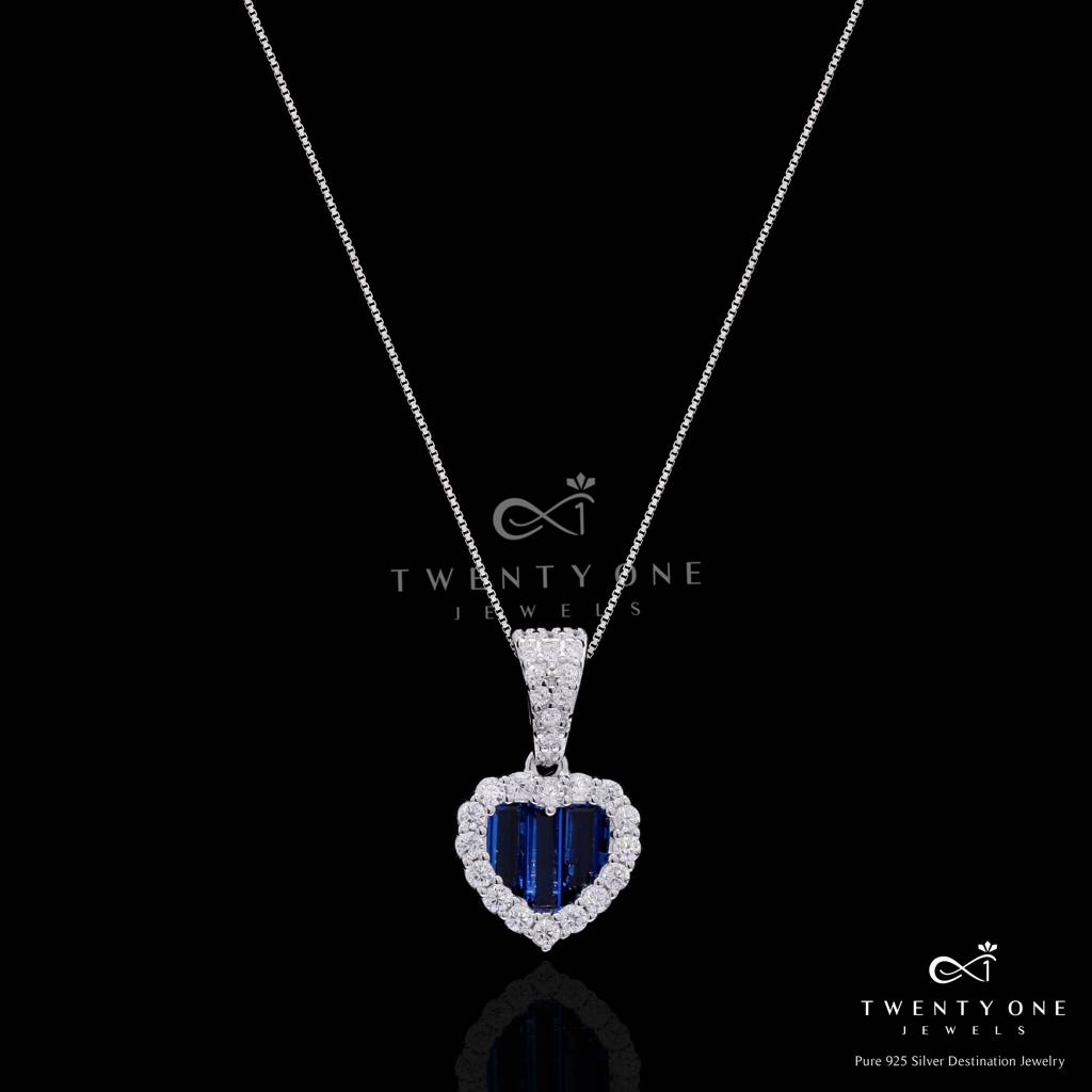 Premium Blue Sapphire Baguette Alina Heart Pendant Set On Pure 925 Silver : TPS5463
