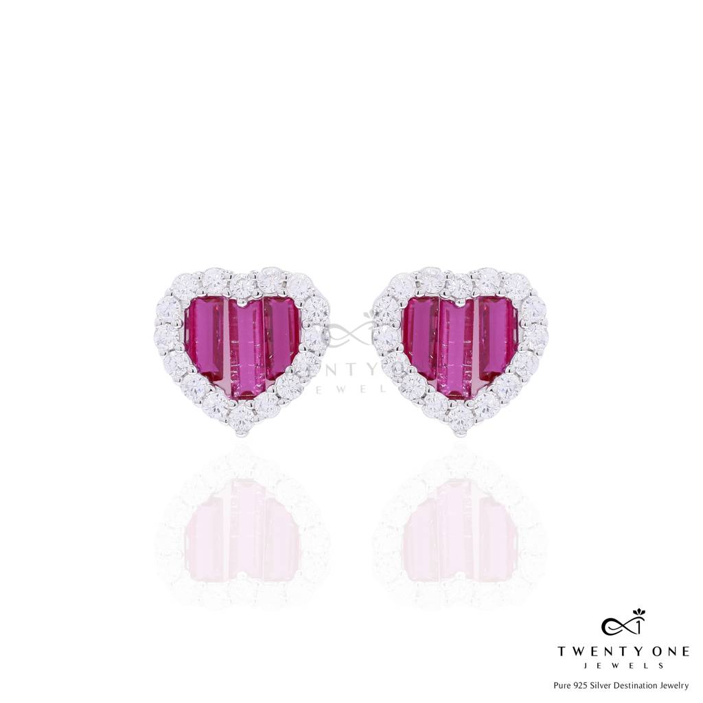Premium Ruby Baguette Alina Heart Pendant Set With Diamond Cluster On Pure 925 Silver : TPS5464