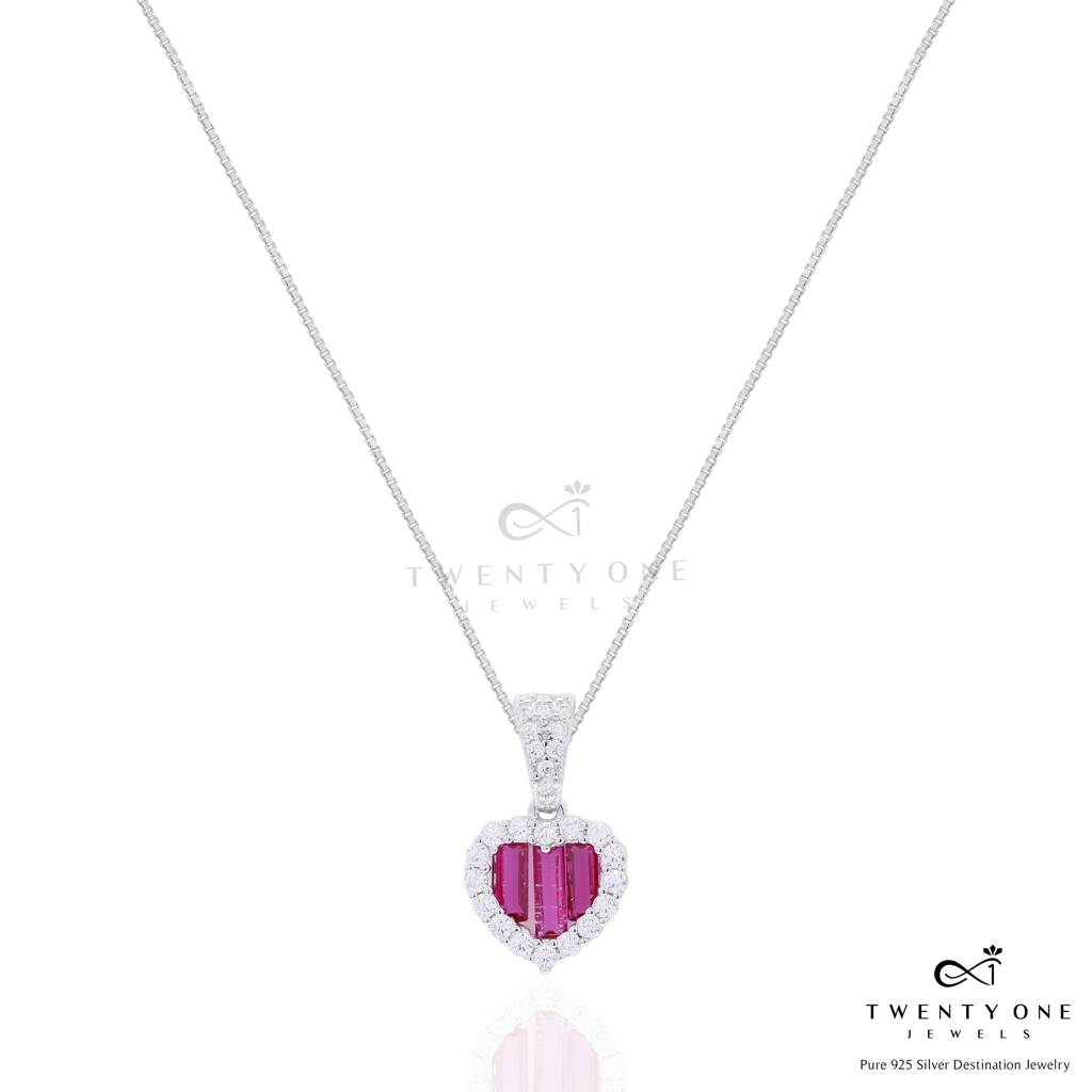 Premium Ruby Baguette Alina Heart Pendant Set With Diamond Cluster On Pure 925 Silver : TPS5464
