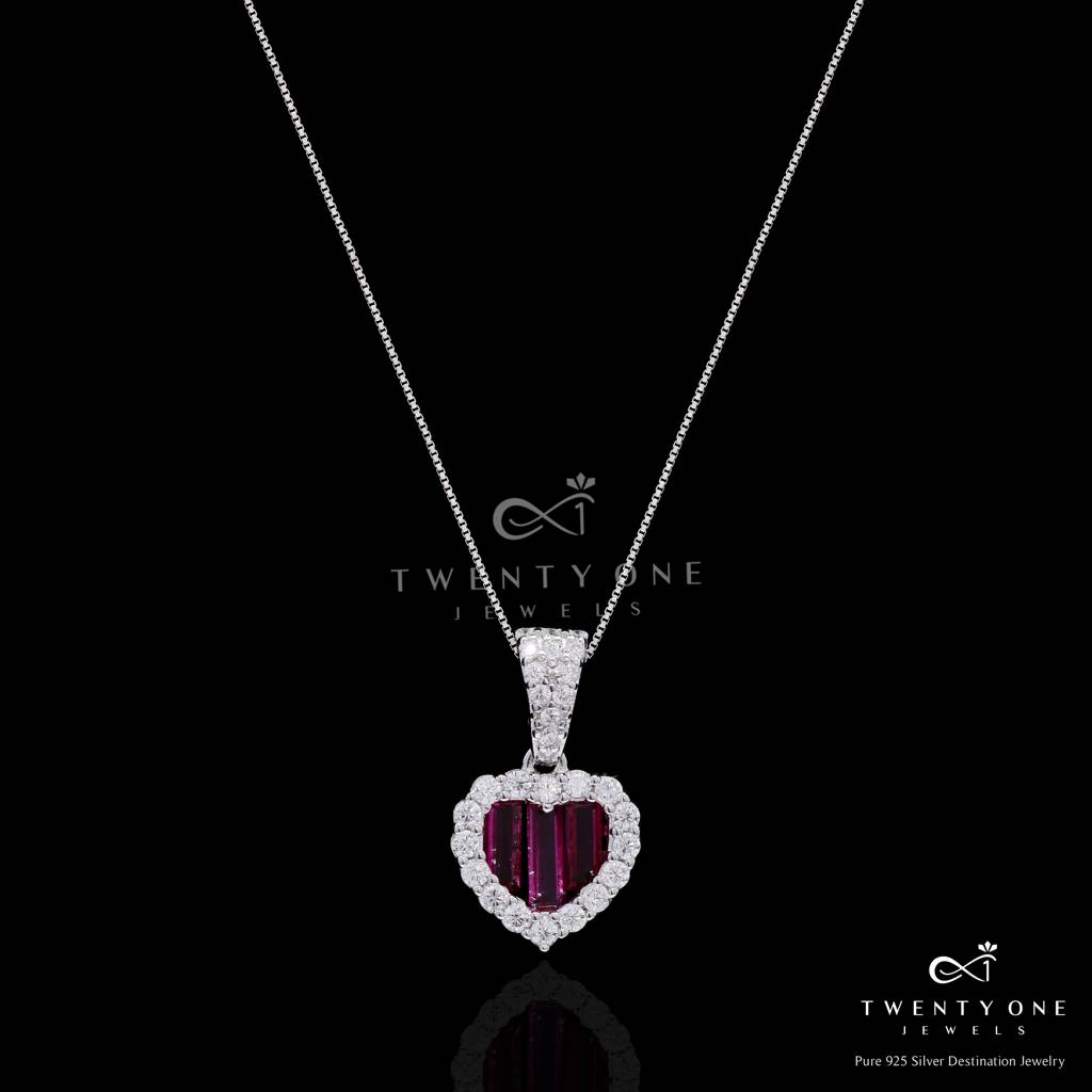 Premium Ruby Baguette Alina Heart Pendant Set With Diamond Cluster On Pure 925 Silver : TPS5464