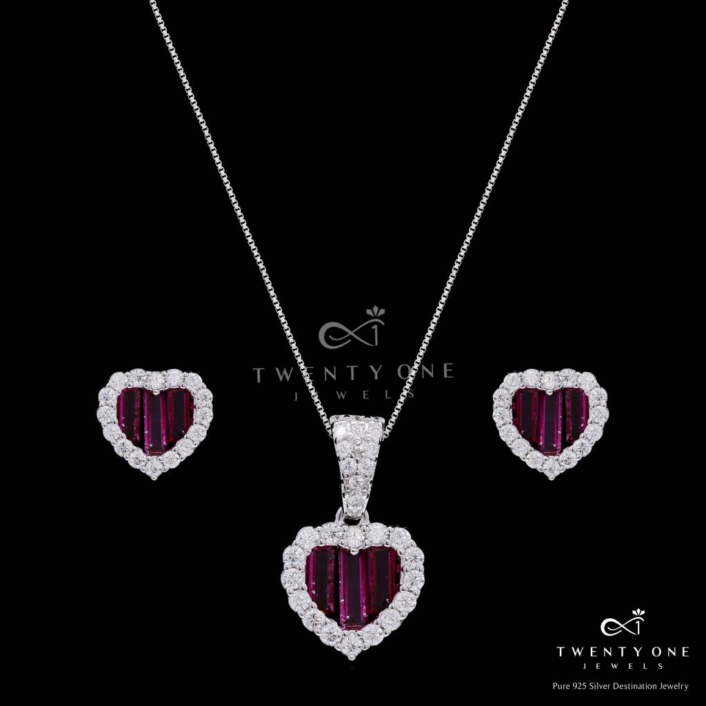 Premium Ruby Baguette Alina Heart Pendant Set With Diamond Cluster On Pure 925 Silver : TPS5464