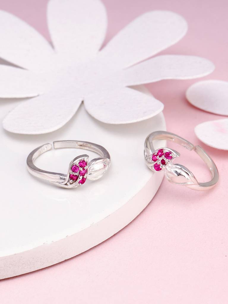 Giva 925 Sterling Silver Pink Stone Leaflet Toe Rings