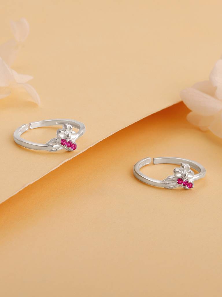 Silver Pink Bloom Toe Rings : TR0180