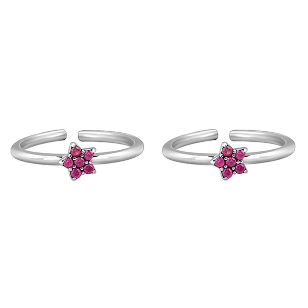 925 Oxidised Silver Pink Floral Toe Rings : TR0259