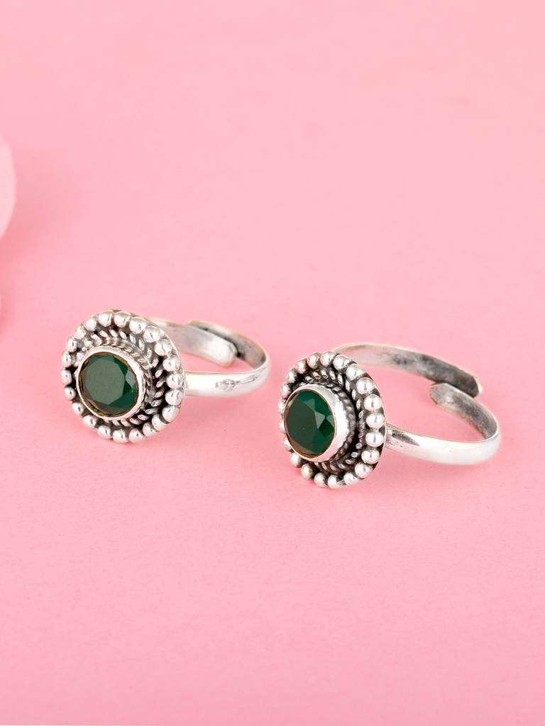 GIVA 925 Sterling Silver Oxidised Silver Gleaming Green Toe Rings