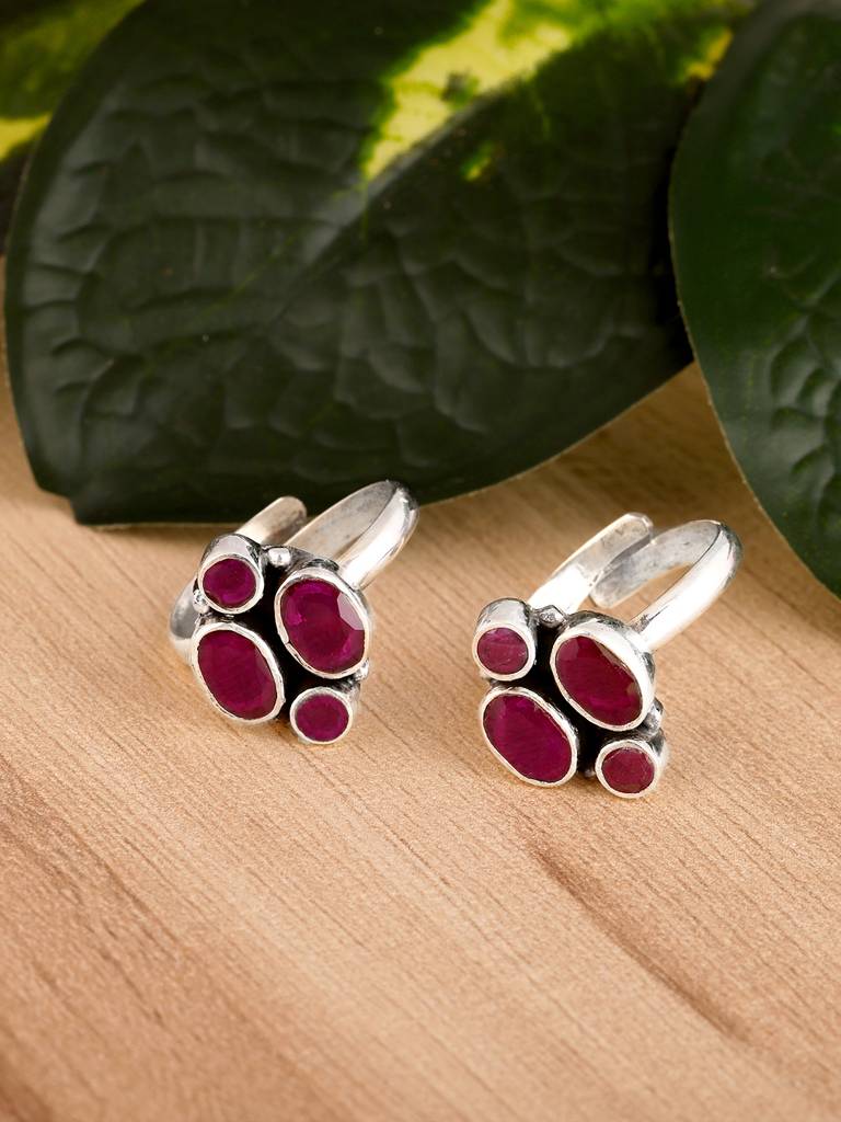 GIVA 925 Sterling Silver Oxidised Silver Red Dots Toe Rings