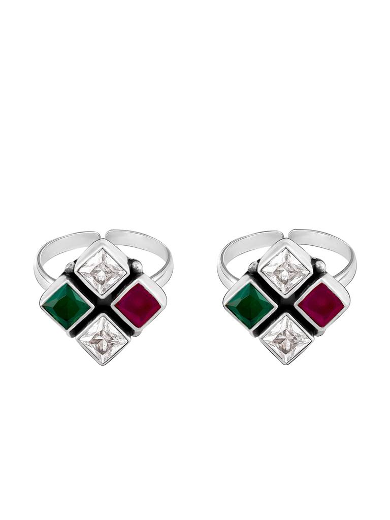 GIVA 925 Sterling Silver Oxidised Silver Pink and Green Toe Rings