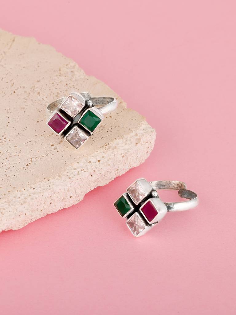 GIVA 925 Sterling Silver Oxidised Silver Pink and Green Toe Rings