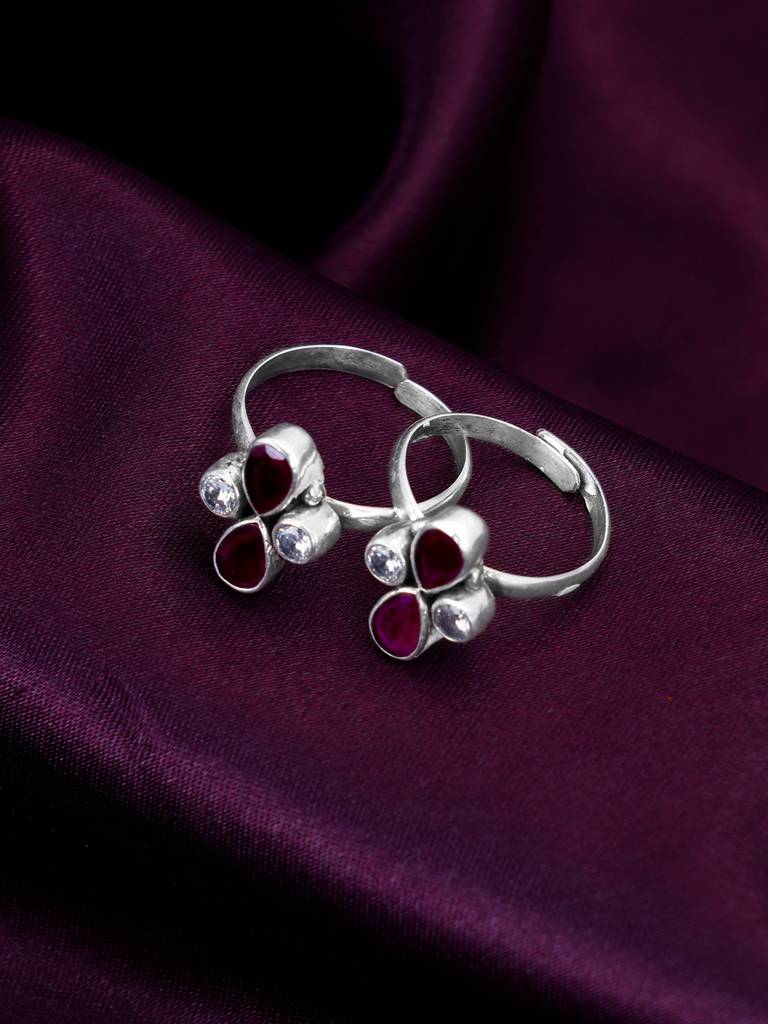 GIVA 925 Sterling Silver Floral Red Drops Toe Rings