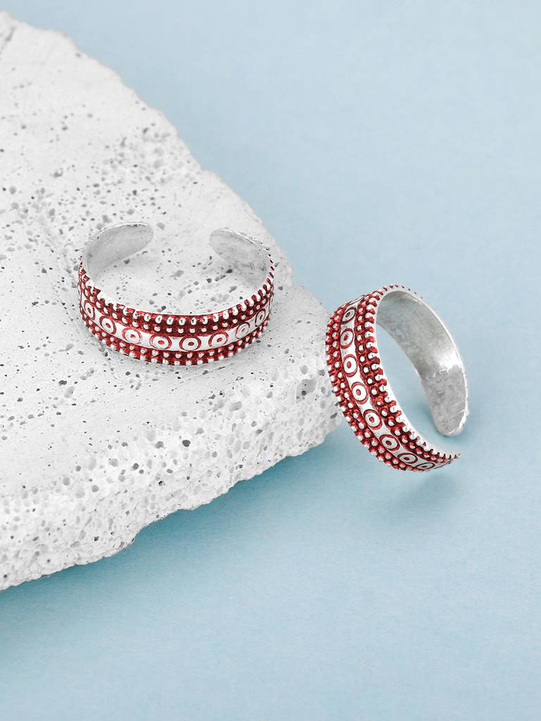 GIVA 925 Sterling Silver Oxidised Silver Red Love Toe Rings