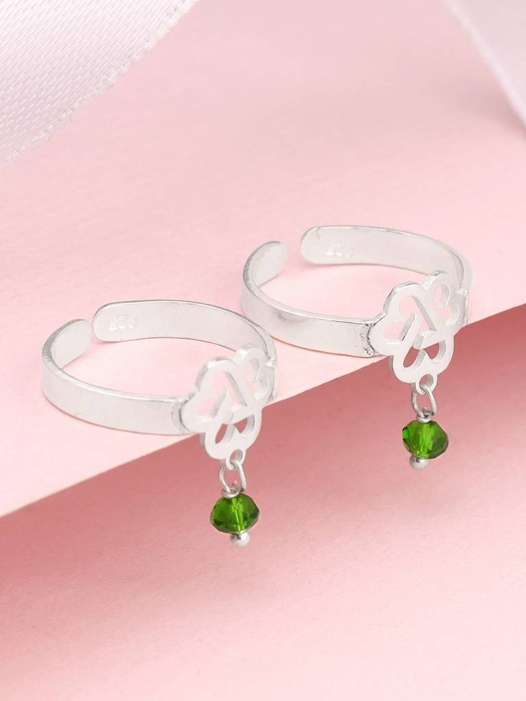 Giva 925 Sterling Silver Leafy Green Bead Toe Rings