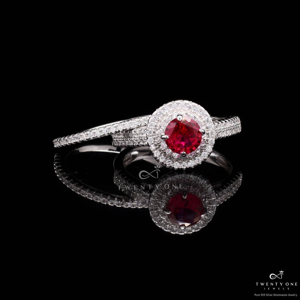 Faux Ruby Alexa Solitaire Ring On 925 Silver With Removable Extra Diamond Studded Band : TR31161