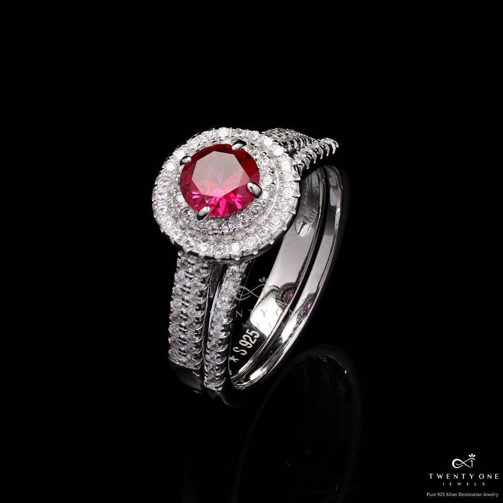 Faux Ruby Alexa Solitaire Ring On 925 Silver With Removable Extra Diamond Studded Band : TR31161