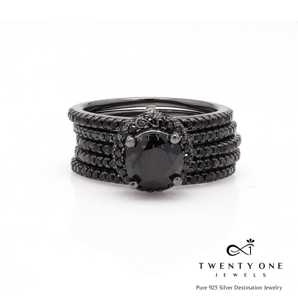 Black Rhodium American Diamond Stack Solitaire Ring On Pure 925 Silver : TR31213