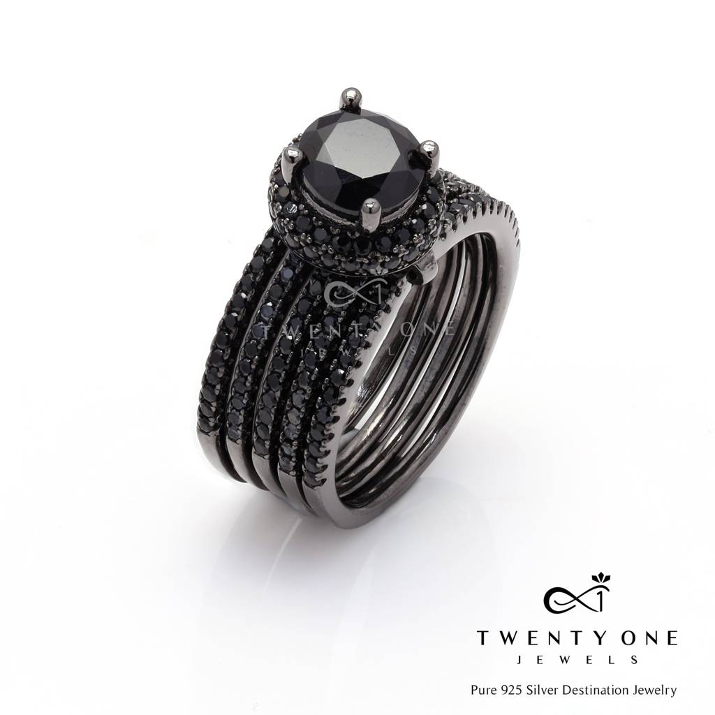 Black Rhodium American Diamond Stack Solitaire Ring On Pure 925 Silver : TR31213