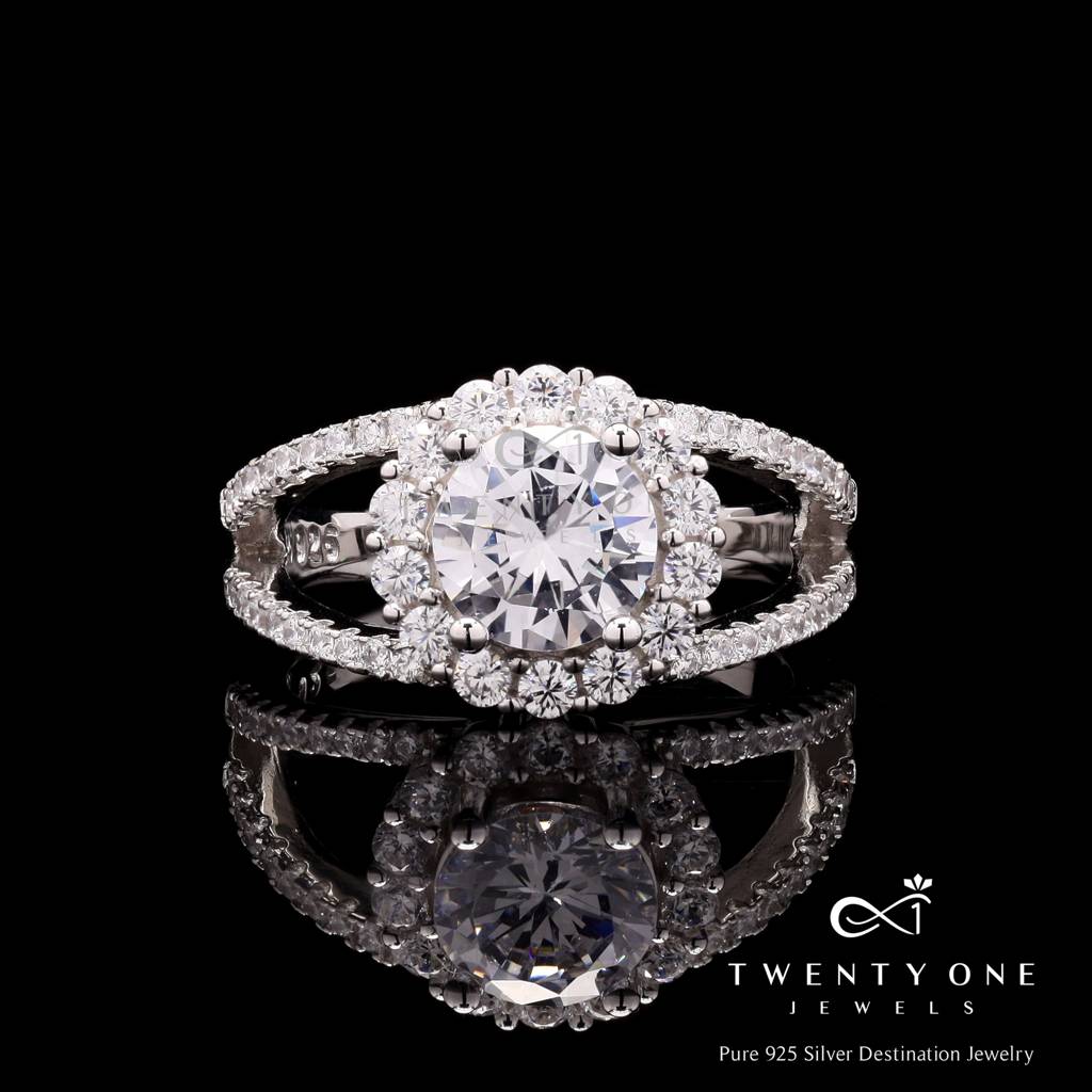 Carat Round Cut Solitaire Dilicia Ring With Diamond Halo On Pure 925  Silver