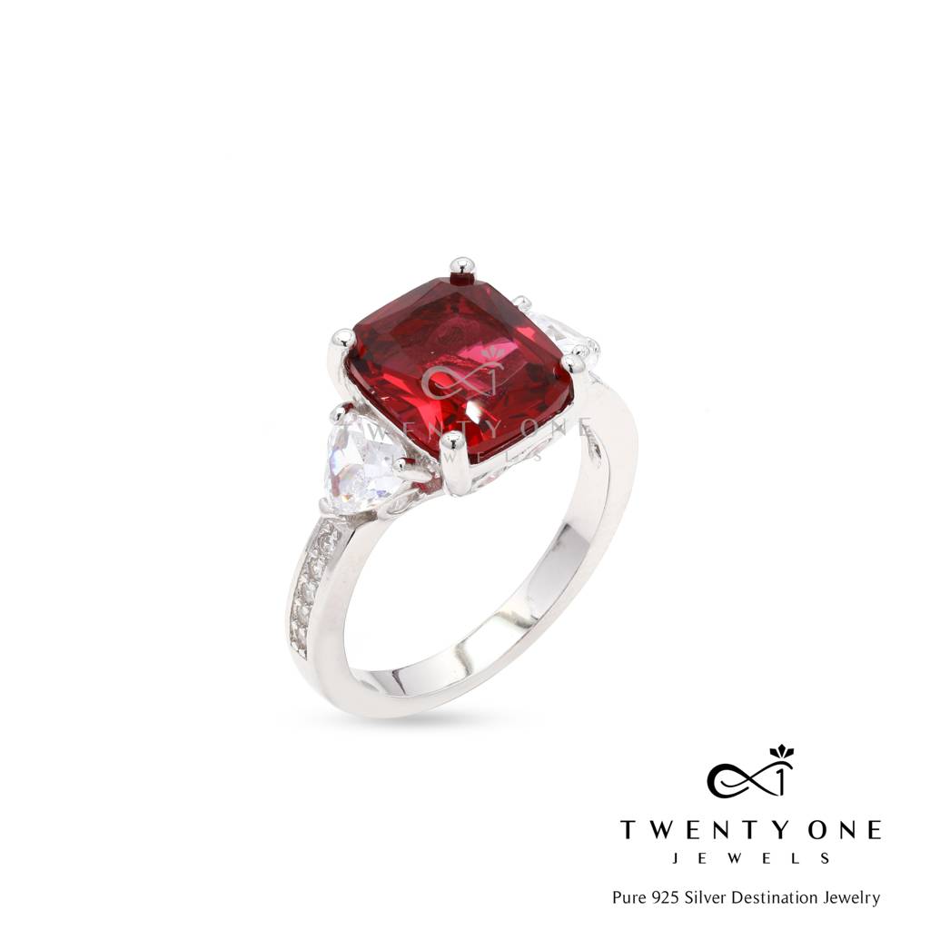 Ruby Miraza Ring With Trillion Solitaire Band On Pure 925 Silver : TR31341