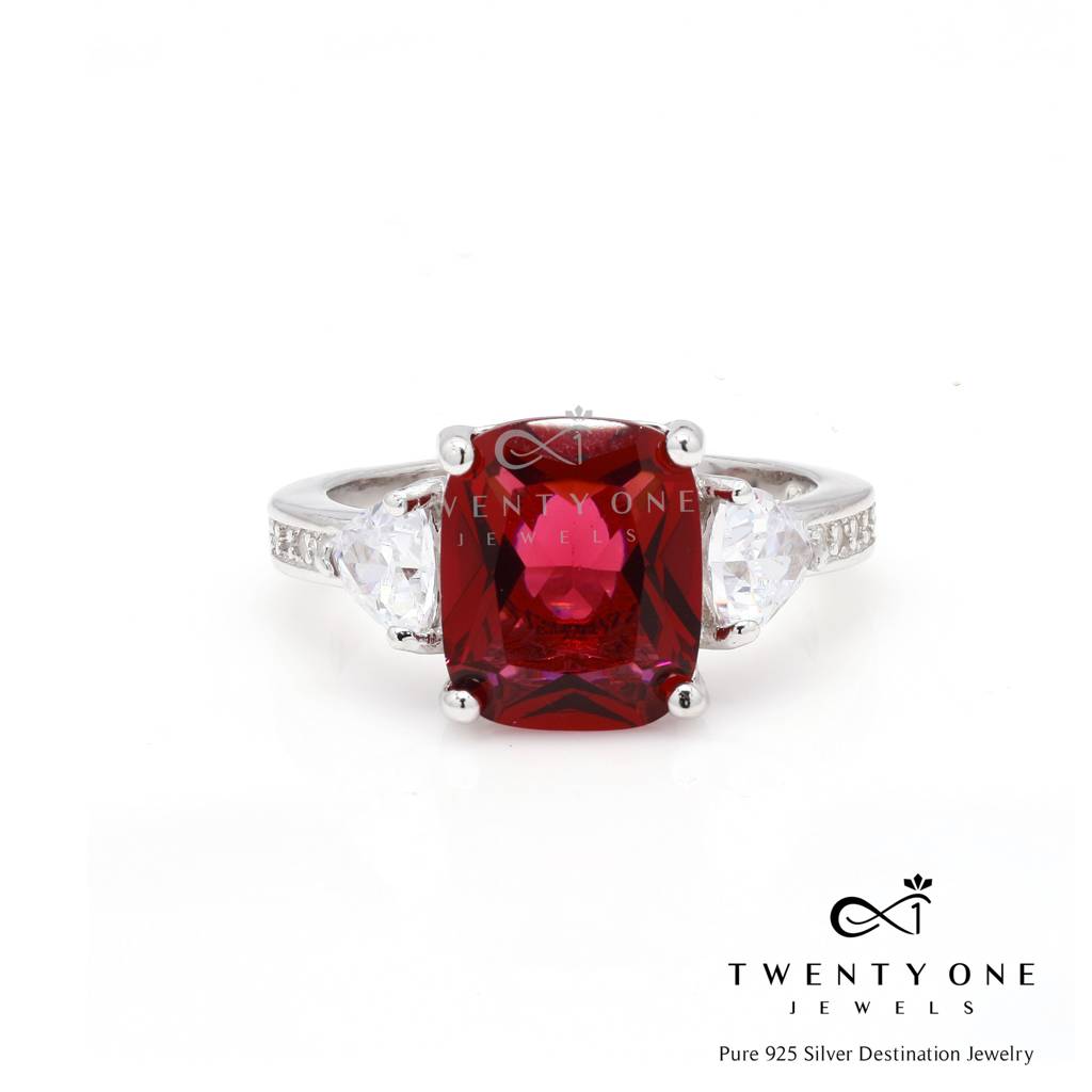 Ruby Miraza Ring With Trillion Solitaire Band On Pure 925 Silver : TR31341