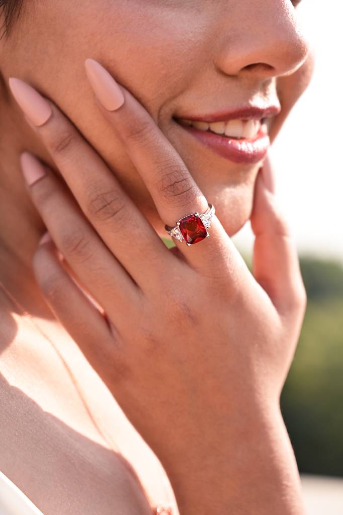 Ruby Miraza Ring With Trillion Solitaire Band On Pure 925 Silver : TR31341