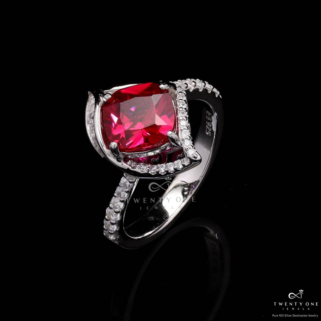 Ruby Solitaire With Diamond Daisy Ring On 925 Silver