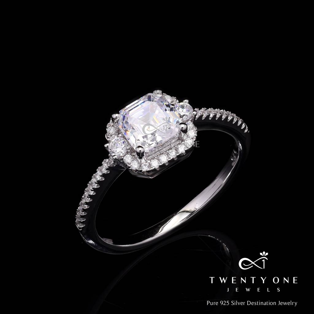 Ascher Cut Solitaire Wislie Ring With Square Halo On Pure 925 Silver : TR31511