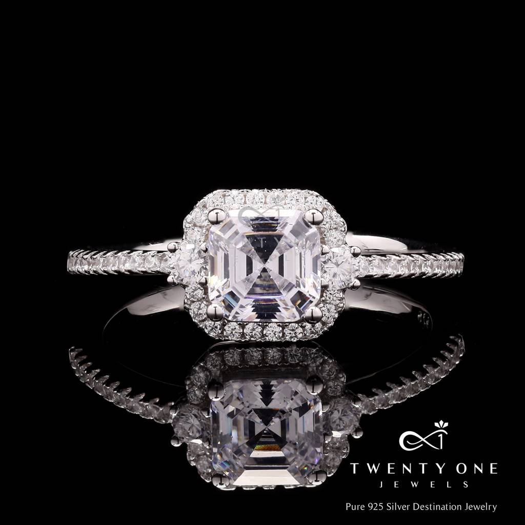 Ascher Cut Solitaire Wislie Ring With Square Halo On Pure 925 Silver : TR31511
