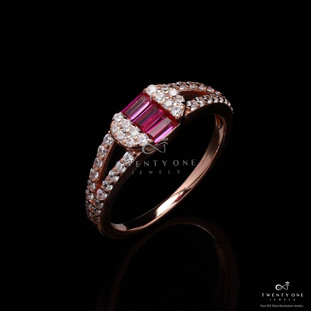 Rose Gold Faux Ruby Baguette Kaisha Ring On Pure 925 Silver Rose