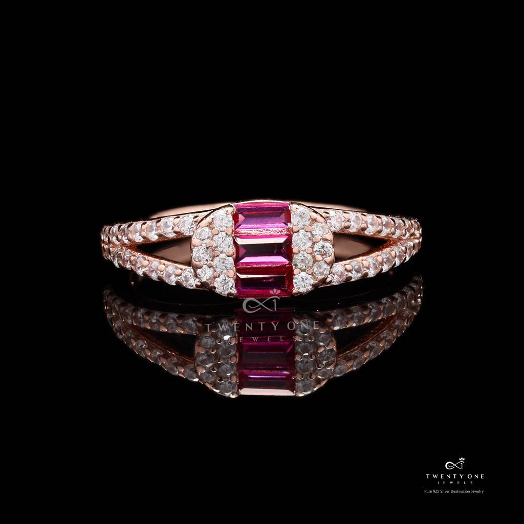 Rose Gold Faux Ruby Baguette Kaisha Ring On Pure 925 Silver : TR31532