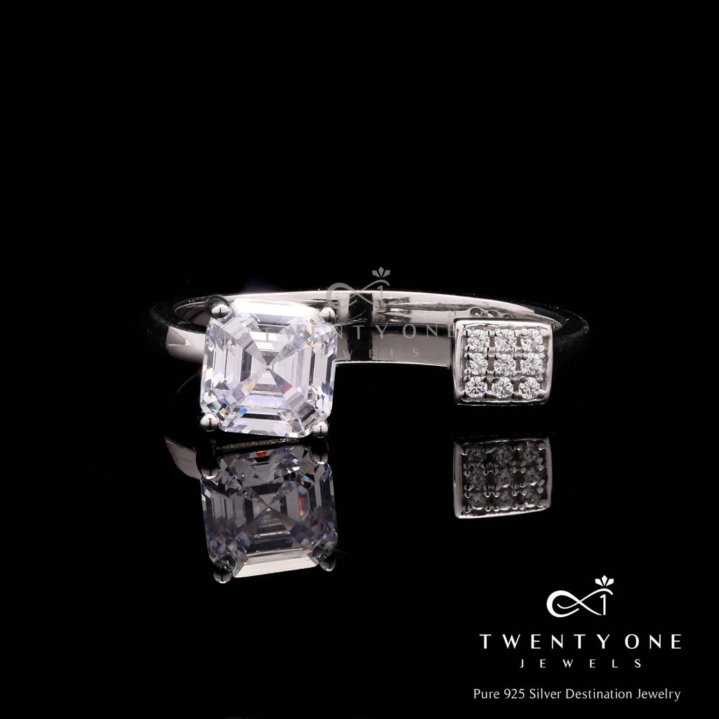 Adjustable Jennifer Ring With Asher Cut Solitaire And Pave Setting Diamonds On Pure 925 Silver : TR31562