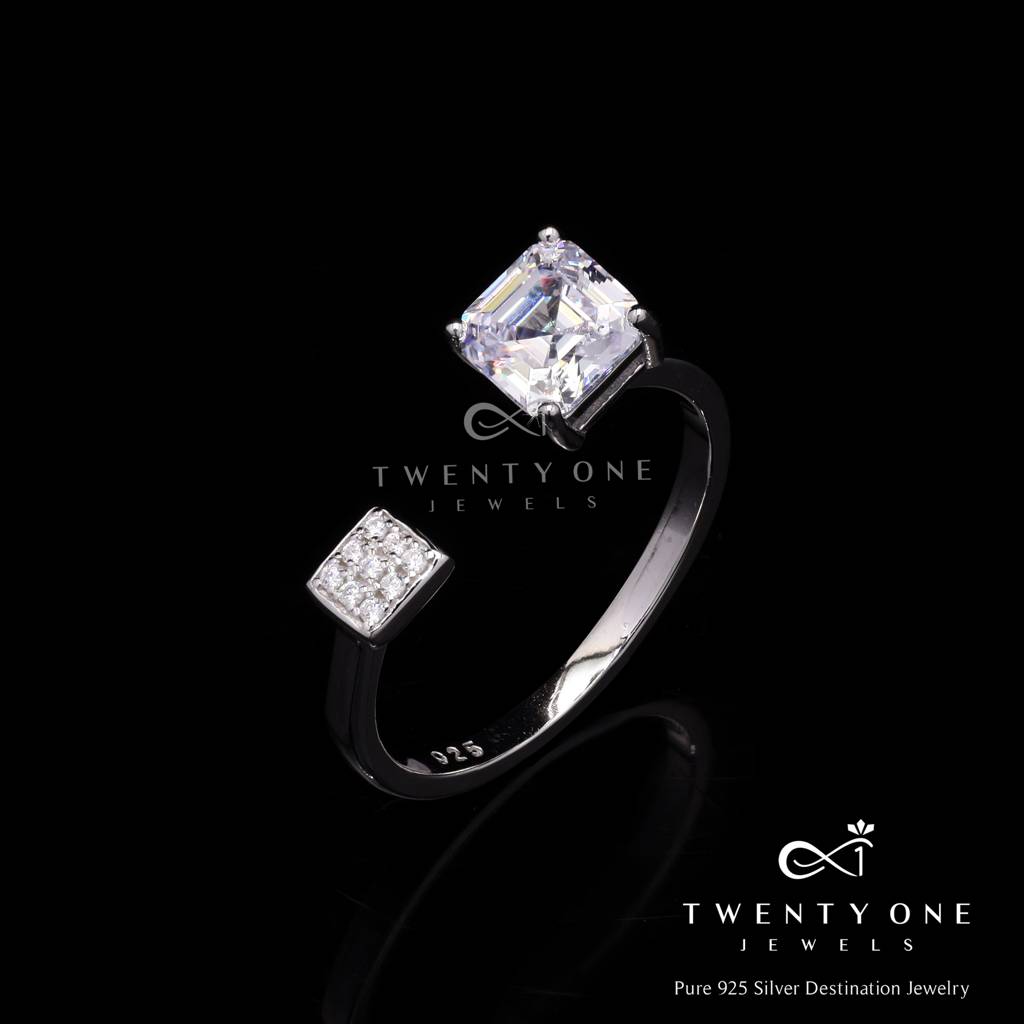 Adjustable Jennifer Ring With Asher Cut Solitaire And Pave Setting Diamonds On Pure 925 Silver : TR31563